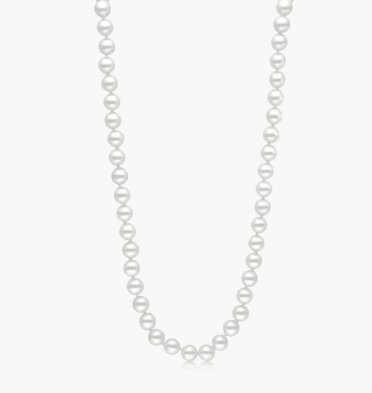 A white pearl necklace with a silver clasp.